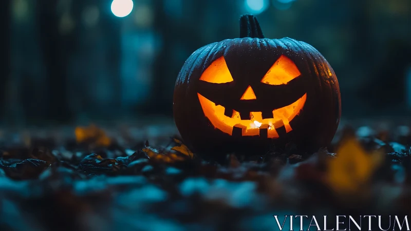 Rain-kissed jack-o’-lantern grinning through twilight gloom.