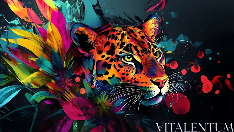 Colorful Leopard Portrait with Vibrant Florals
