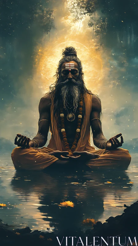 Mystic yogi meditates over reflective water in haloed light