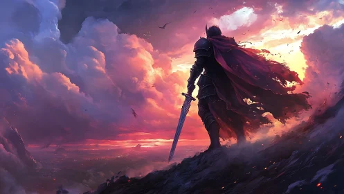 Armored warrior overlooks burning horizon at twilight sky.