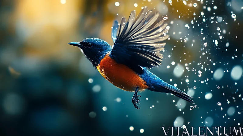 Vibrant orange and blue bird in flight with water droplets, artistic style.