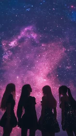 Silhouetted girls stand under radiant violet galaxy sky