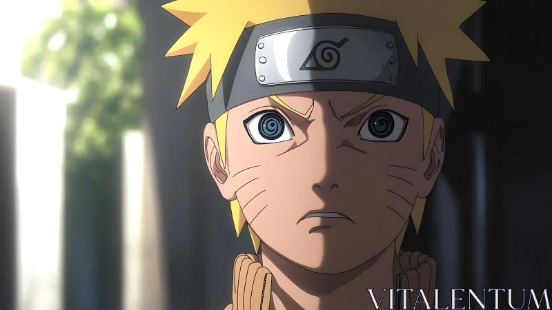 Close frontal view shows anime ninja character in strong light