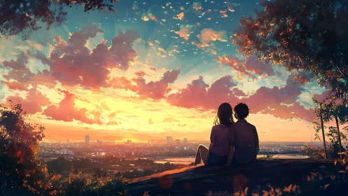 Sunset overlook with silhouetted couple and luminous skyline.