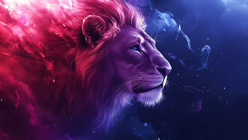 Profile view of stylized lion amid pink and blue nebulae.
