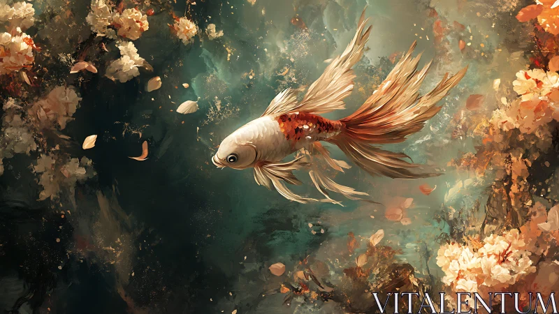 Golden betta fish drifts through painterly floral currents