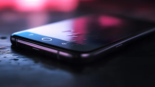 Close-up of smartphone with water drops, moody neon lighting.