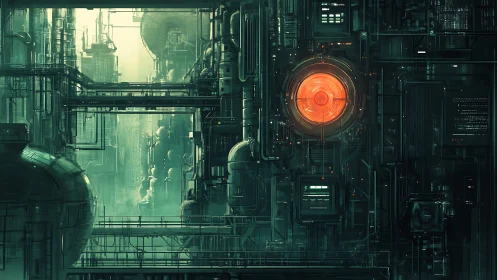 Industrial oracle eye glowing inside teal cyber labyrinth.