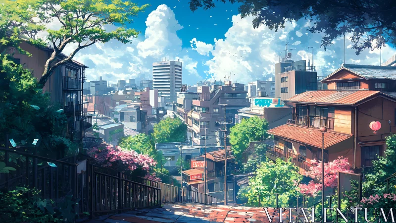 Sunlit hillside alleyway overlooks a vibrant Tokyo neighborhood.
