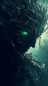 Forest wraith profile with glowing emerald eyes in shadow.