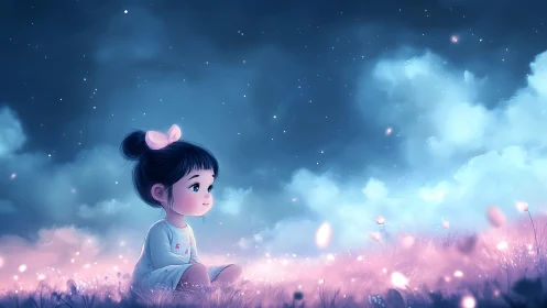 Dreamy night meadow with contemplative child under starfield