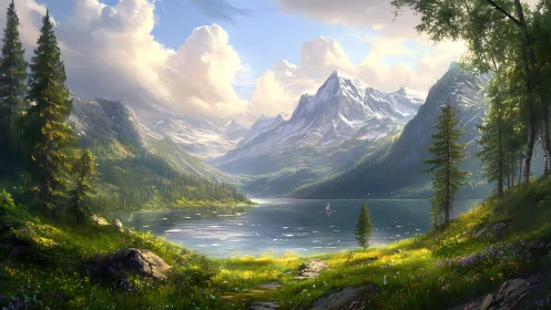 Sunlit mountain lake invites quiet wandering and soft daydreams