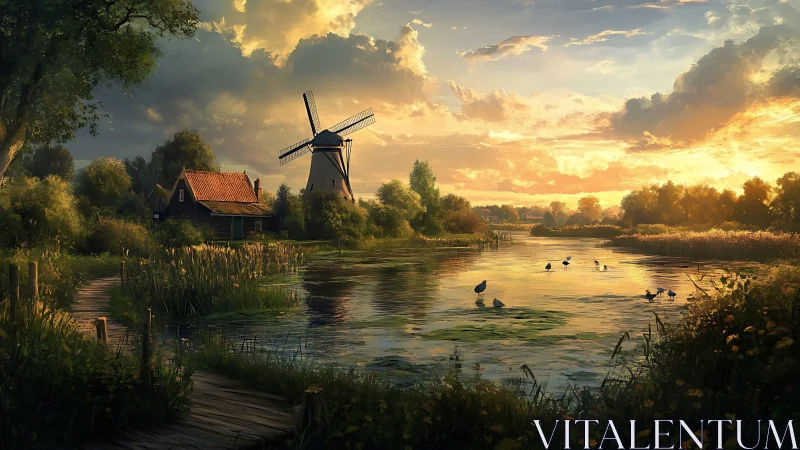 Golden hour windmill beside tranquil reflective riverbank.