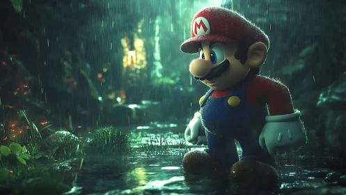 Mario enjoying a rainy forest adventure with quiet wonder.