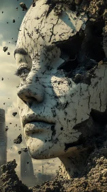Colossal fractured face sculpture disintegrates above dystopian city