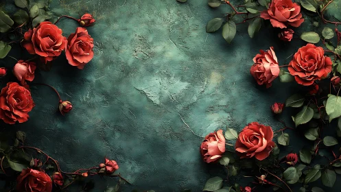 Red roses arranged on distressed teal surface.