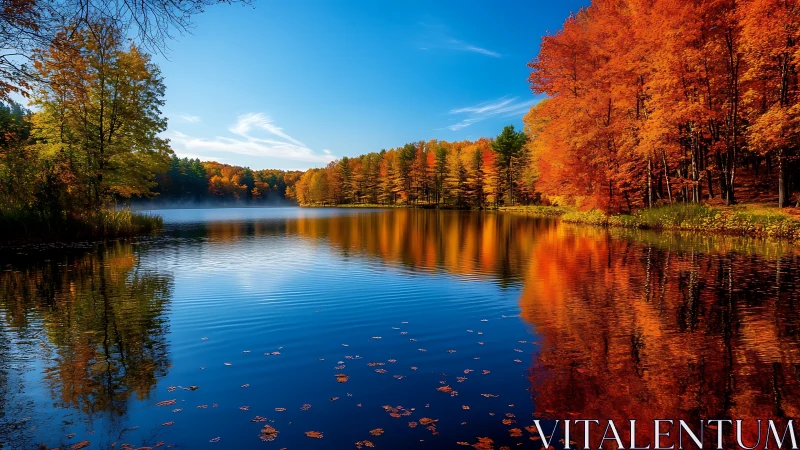Autumn forest lake reflects fiery foliage under clear sky.