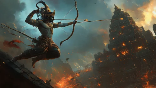 Mythic archer figure aiming arrow toward burning temple.