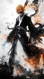 Male swordsman stands in dynamic monochrome fire burst