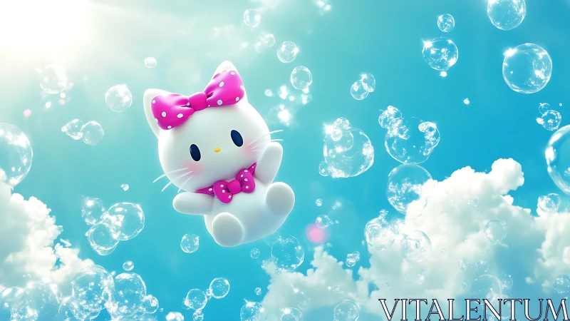 Sky-lit 3D cat mascot floats among refractive soap bubbles