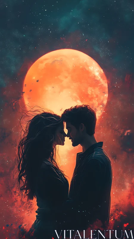 Couple silhouette against giant orange moon in cosmic landscape.