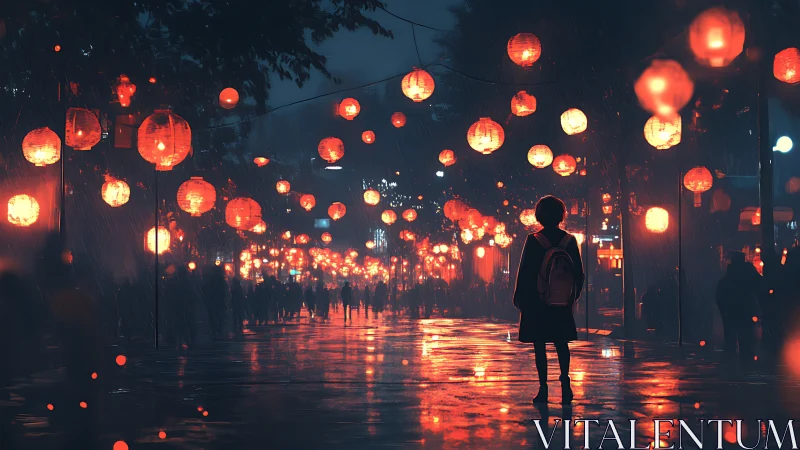 Solitary figure walks night festival street under red lanterns