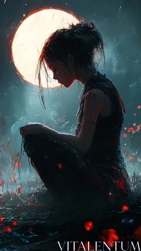 Moonlit girl rests quietly amid glowing red petals