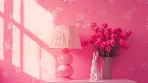 Cotton-candy corner glows with lamp, flowers and bunny charm.
