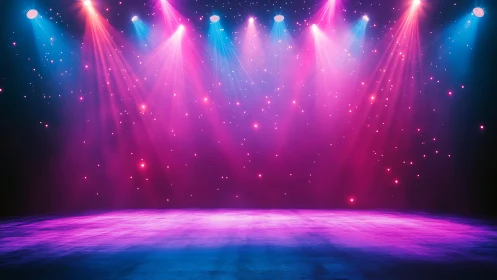 Digital stage under neon concert spotlights in gradient haze.
