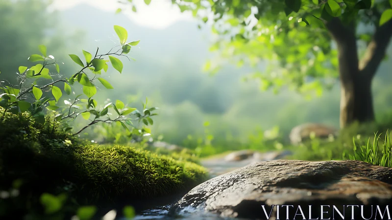 Moss-covered stone with foliage and waterway in forested environment.