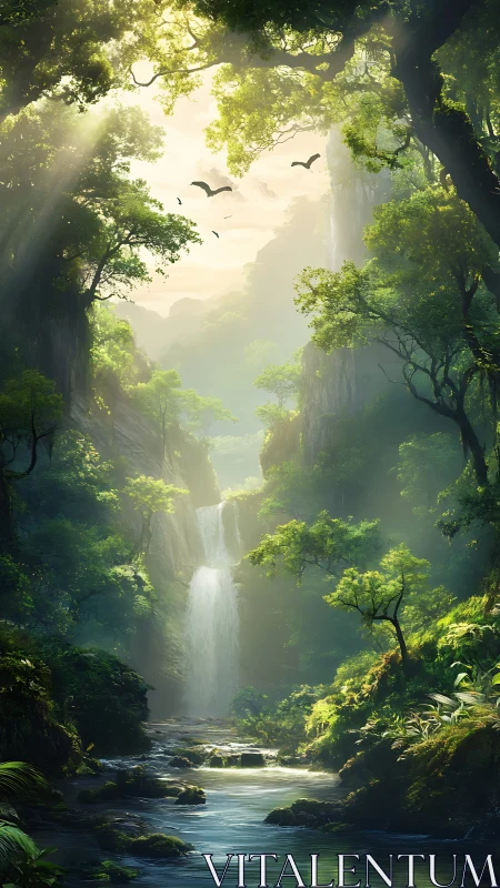 Sunlit jungle falls and riverway of quiet wild magic.