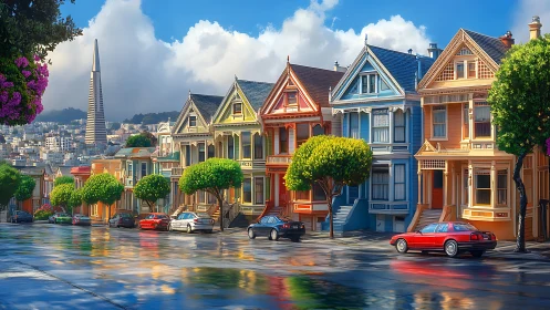 Vibrant San Francisco Painted Ladies in saturated digital light.