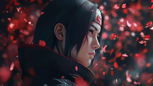 Digital painting portrait in dynamic red petal vortex focus.