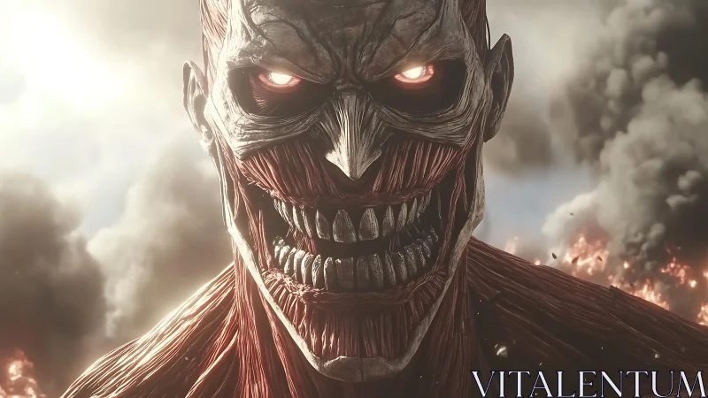 Muscular skeletal giant with glowing eyes amid smoke.