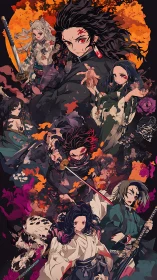 Fiery anime warriors clash amid swirling chaos and bloom.