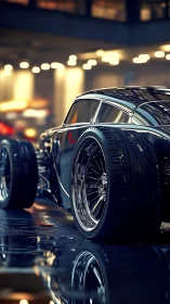 Sleek custom hot rod glowing under city garage lights.
