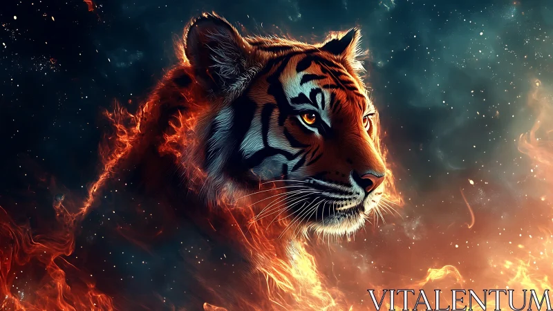 Fiery cosmic tiger portrait in glowing nebular flames.