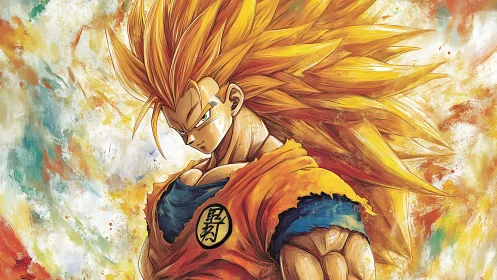 Super Saiyan anime warrior with intense golden aura portrait.