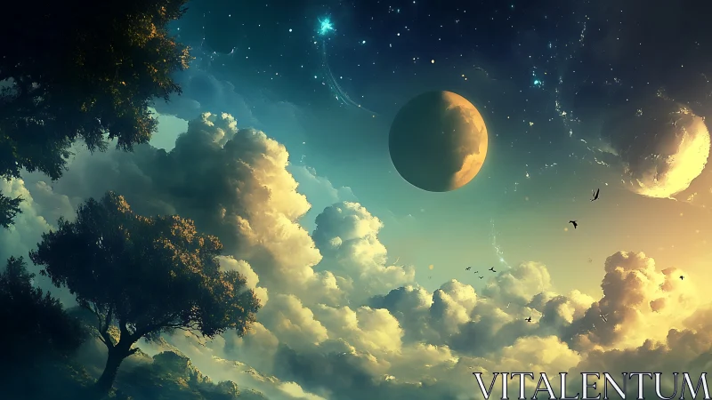 Dreamy twin planets hovering above sunlit clouds and trees.