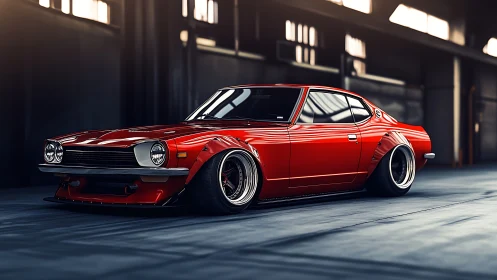 Widebody vintage coupe in industrial-grade studio lighting.