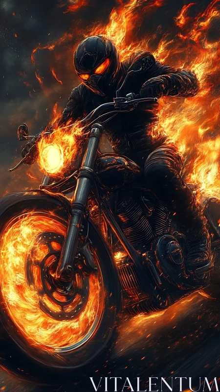 Motorcyclist in black gear enveloped by controlled flames.