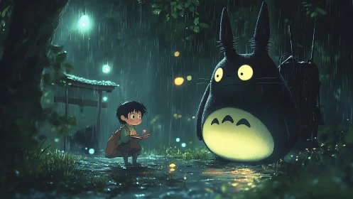 Boy meets glowing forest spirit under rainy lantern path.