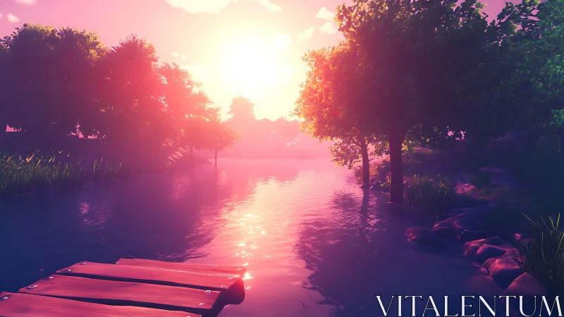 Soft sunset glow over a quiet riverside forest retreat.