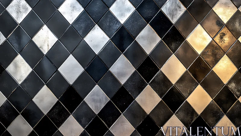 Diagonal grid of reflective black and metallic diamond tiles