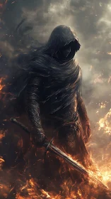 Dark hooded swordsman in infernal high-contrast digital painting.