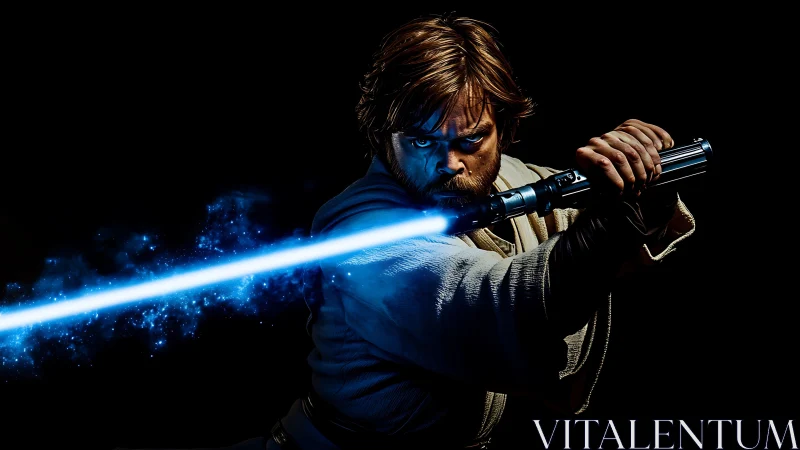 Galactic warrior unleashes blazing blue plasma blade.