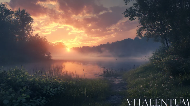 Sunlit mist lies over a calm lake bordered by dense trees