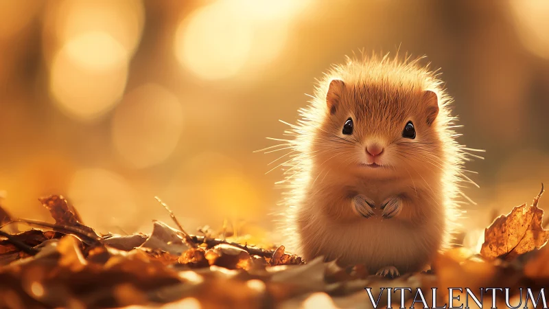 Fluffy golden mouse among dry autumn leaves at sunset.