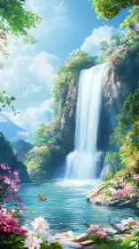 Vertical waterfall landscape with lush flowers and birds.
