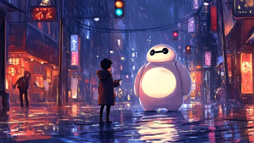 Soft robot glows like a lantern in neon soaked night streets